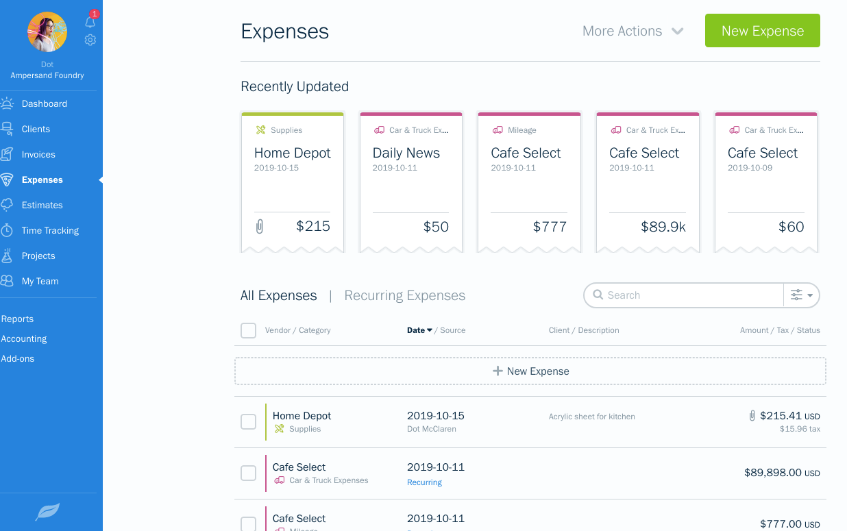 FreshBooks Expense Tracking